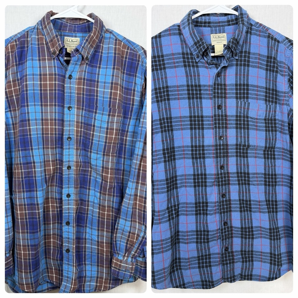 L.L.Bean Flannel Shirt Lot 2 Mens L Tall Plaid Cotton Slightly Slim Fit Outdoor